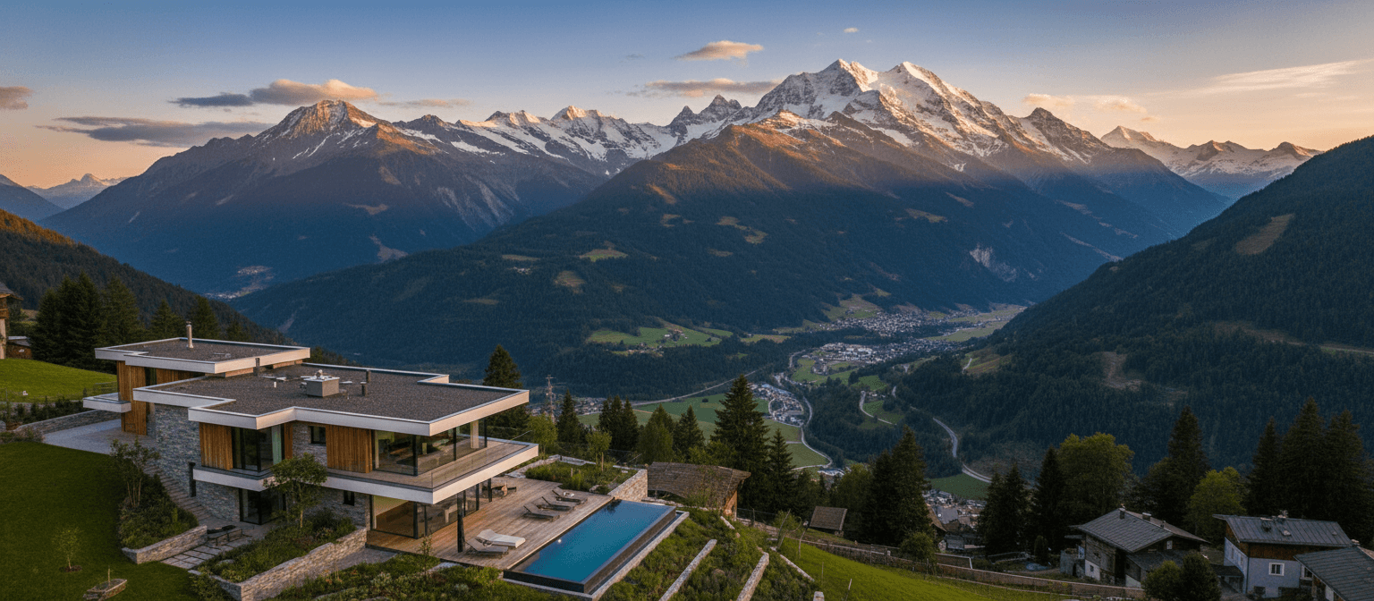 MARA Property - AI Swiss Real Estate Search Luxury Swiss property and mountain view background